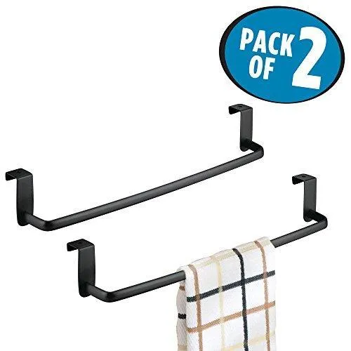 mDesign Kitchen Storage Over Cabinet Curved Steel Towel Bar - Hang on Inside or Outside of Doors, for Organizing and Hanging Hand, Dish, and Tea Towels - 14" Wide, Pack of 2, Matte Black Finish