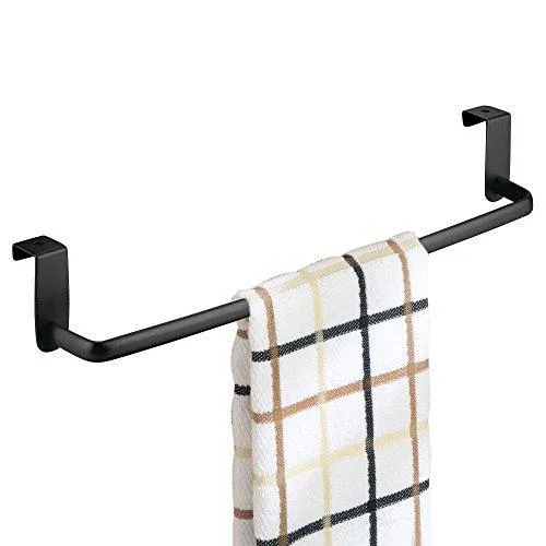 mDesign Kitchen Storage Over Cabinet Curved Steel Towel Bar - Hang on Inside or Outside of Doors, for Organizing and Hanging Hand, Dish, and Tea Towels - 14" Wide, Pack of 2, Matte Black Finish