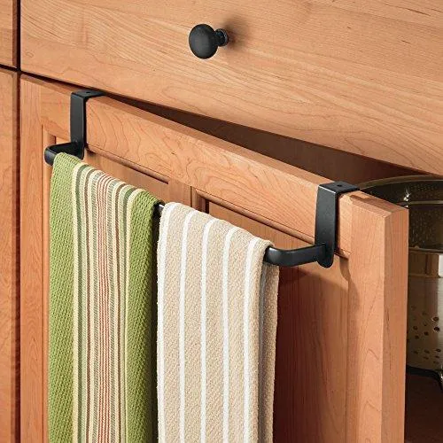 mDesign Kitchen Storage Over Cabinet Curved Steel Towel Bar - Hang on Inside or Outside of Doors, for Organizing and Hanging Hand, Dish, and Tea Towels - 14" Wide, Pack of 2, Matte Black Finish