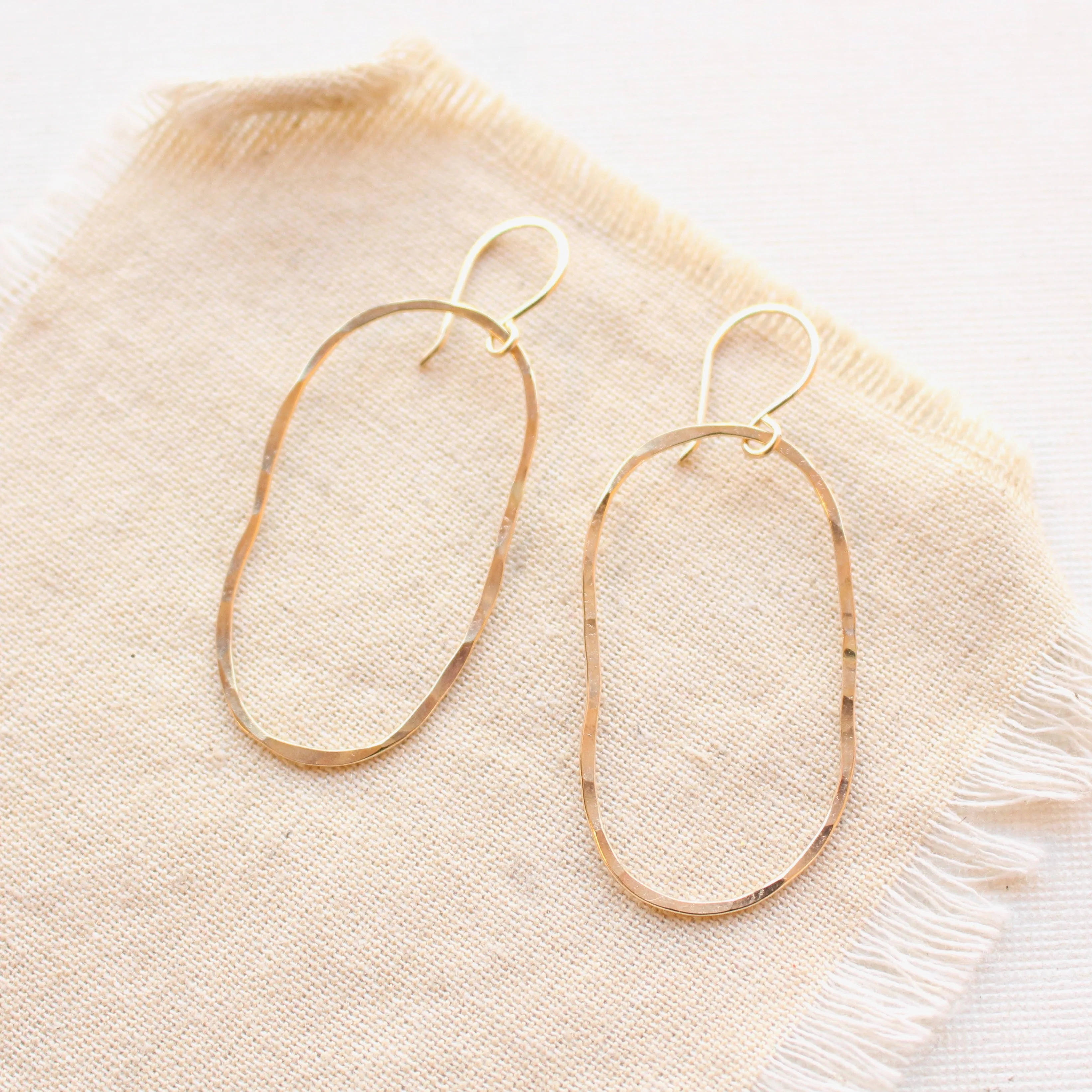 Organic Oval Hammered Hoop Gold Earrings