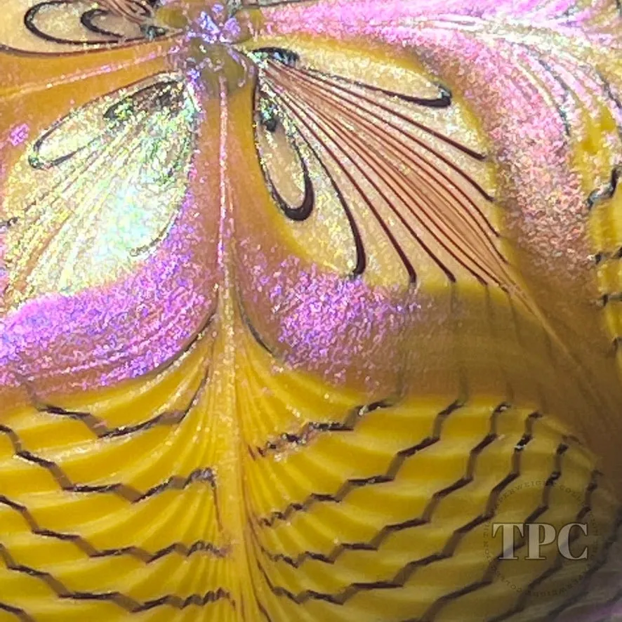 Orient & Flume 1976 Glass Art Paperweight Iridescent Surface Decorated Pulled Feather Decoration