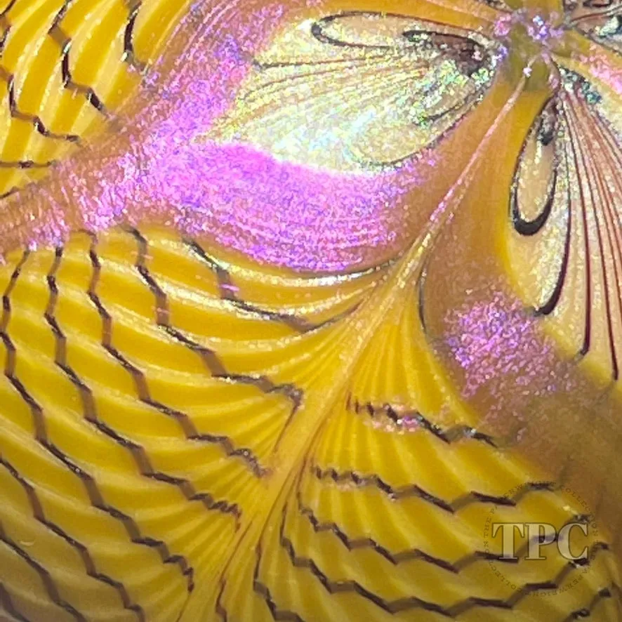 Orient & Flume 1976 Glass Art Paperweight Iridescent Surface Decorated Pulled Feather Decoration