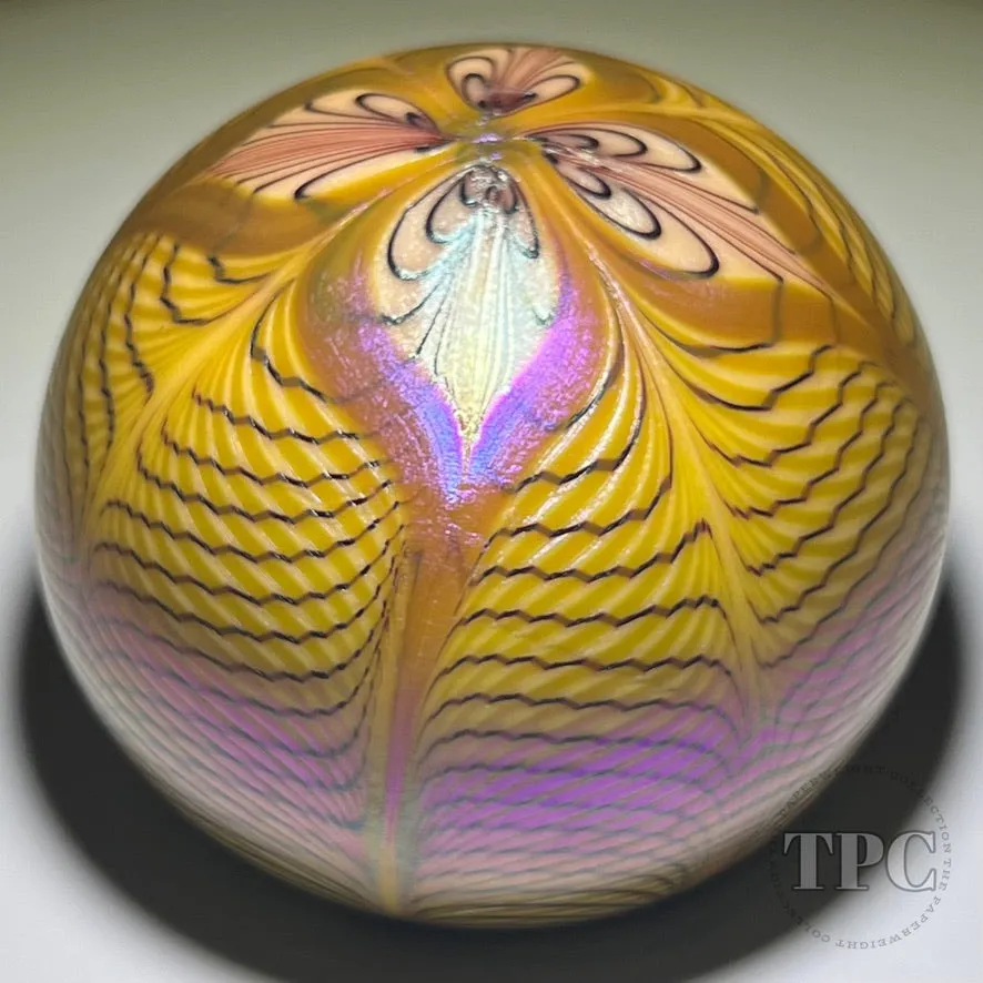 Orient & Flume 1976 Glass Art Paperweight Iridescent Surface Decorated Pulled Feather Decoration