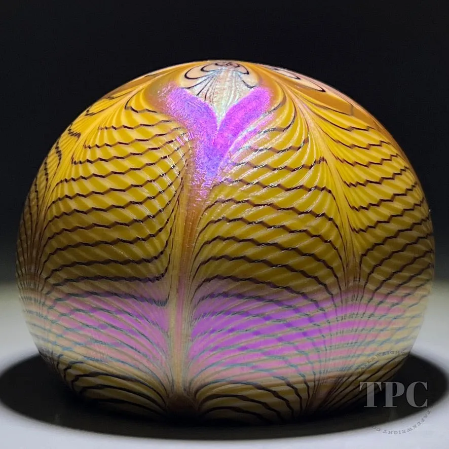 Orient & Flume 1976 Glass Art Paperweight Iridescent Surface Decorated Pulled Feather Decoration