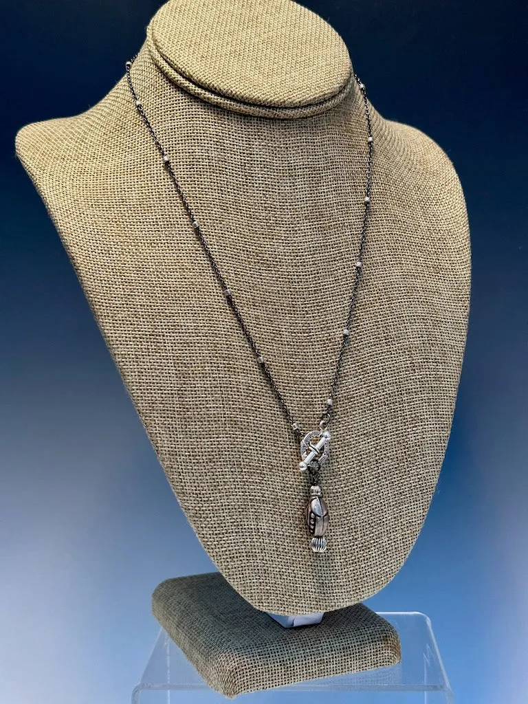 OXIDIZED STERLING SILVER AND VINTAGE BEAD FRONT TOGGLE NECKLACE LCN494