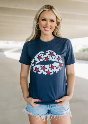 Patriotic Lips & Glitter Stars Graphic Navy Tee
