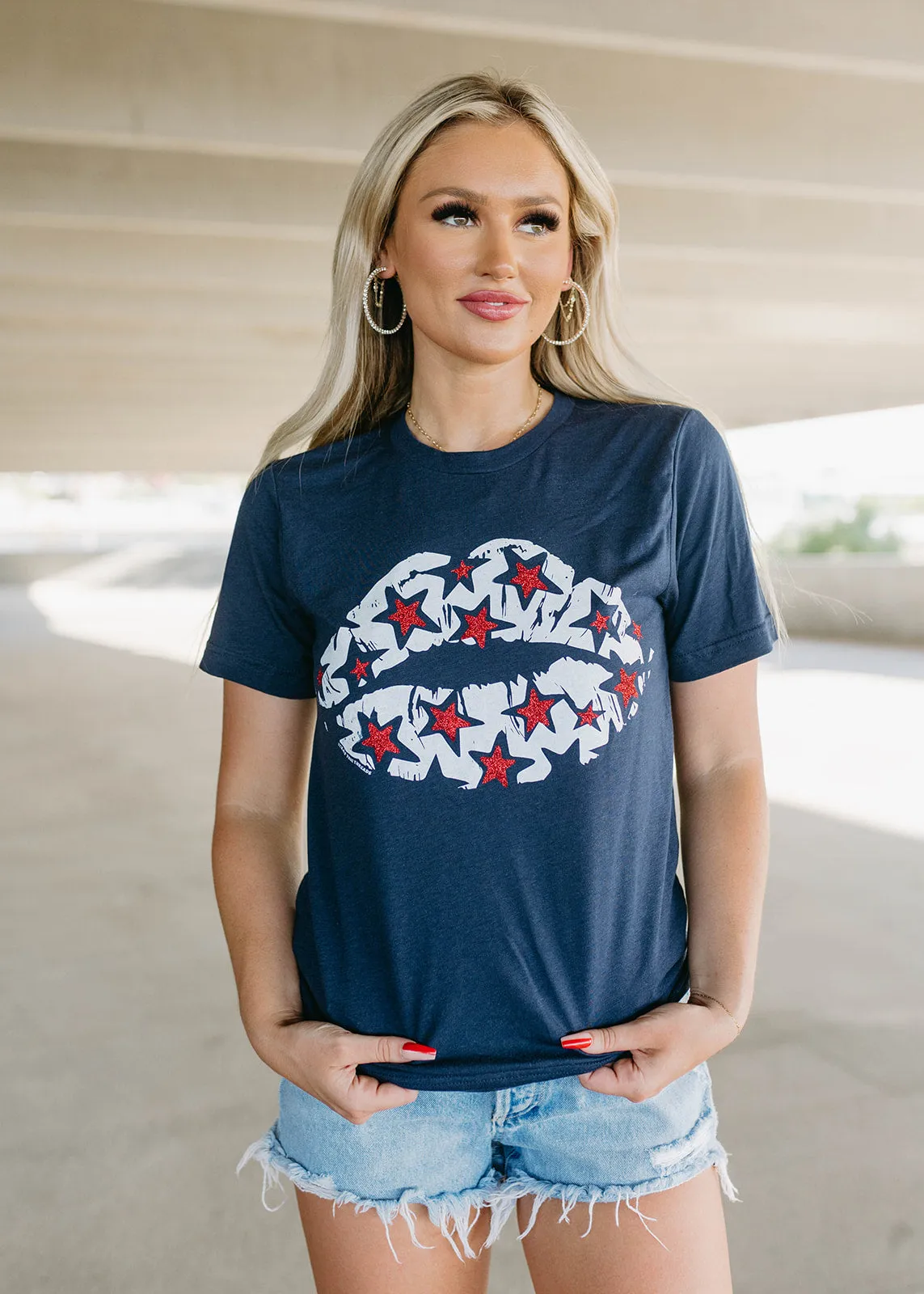 Patriotic Lips & Glitter Stars Graphic Navy Tee