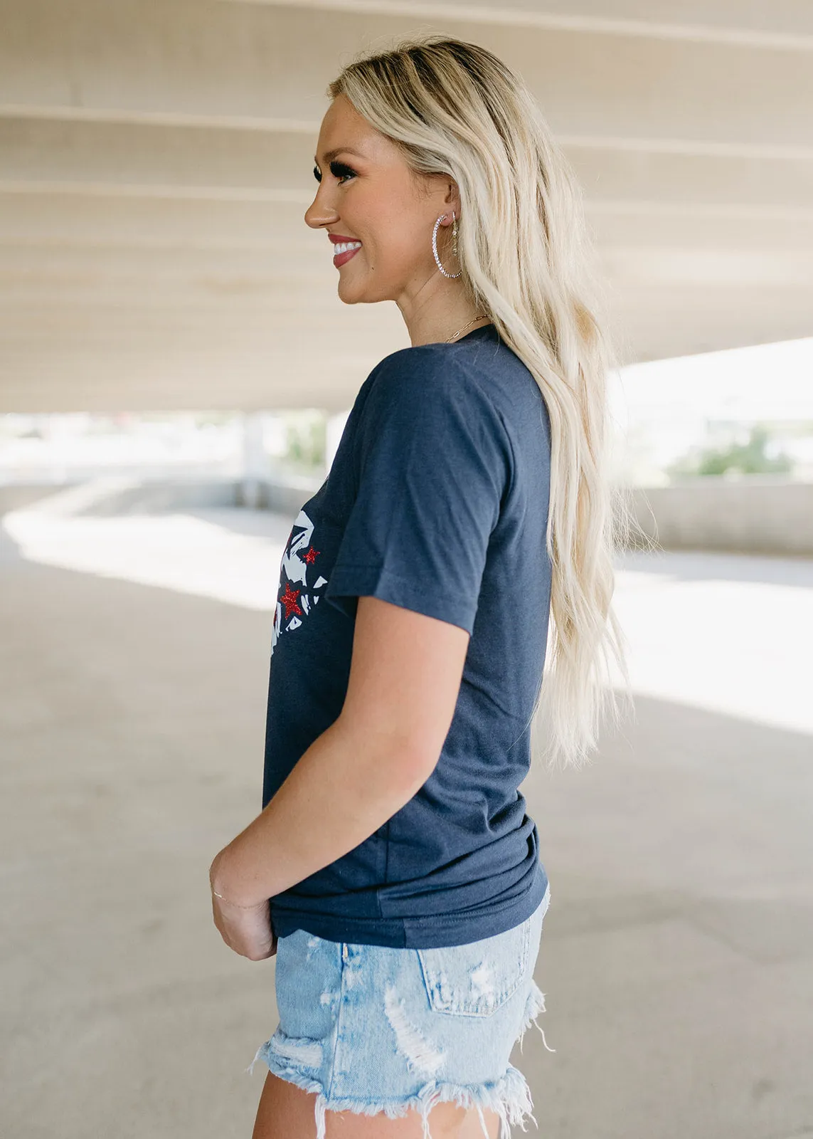 Patriotic Lips & Glitter Stars Graphic Navy Tee