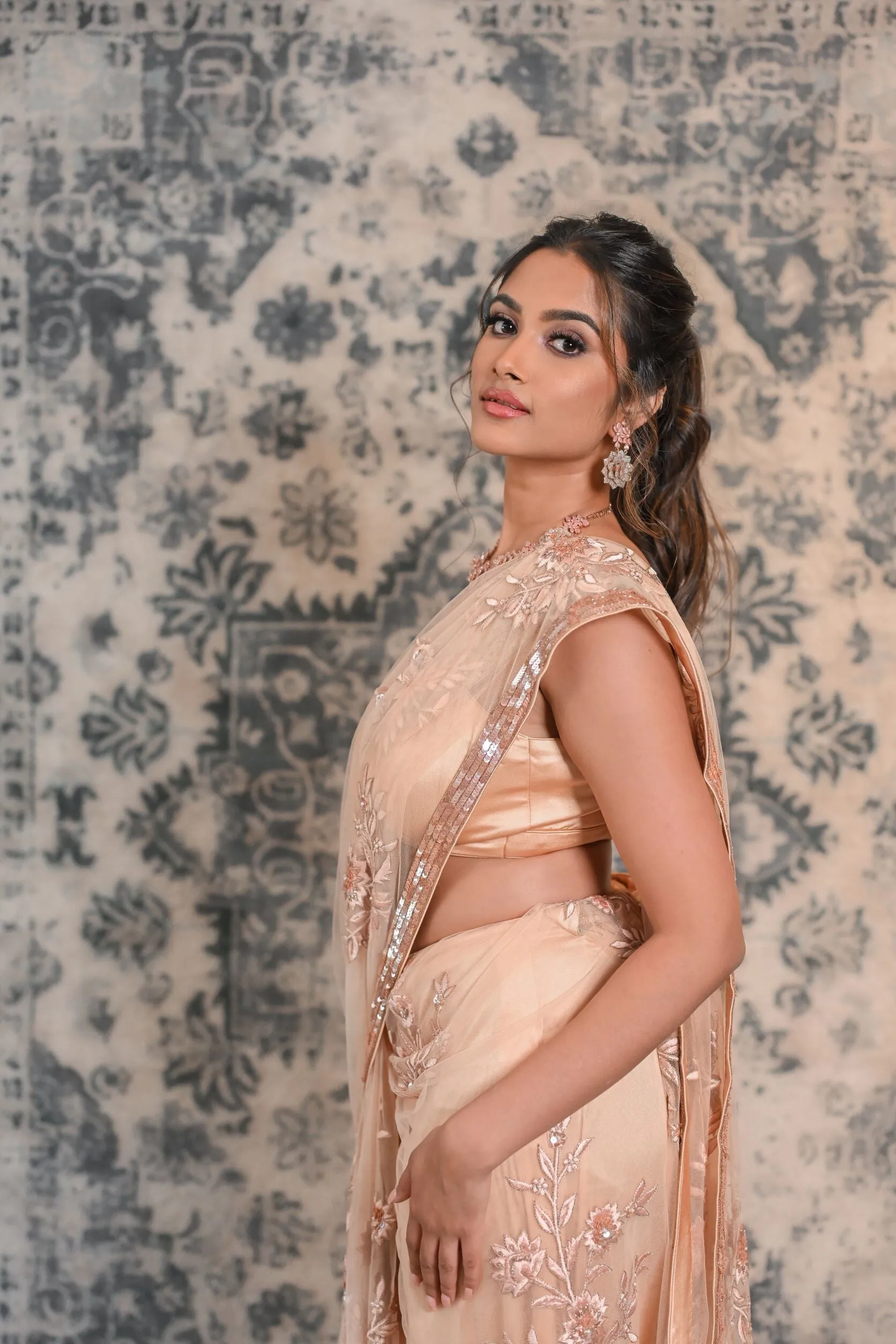 Peachish pink designer saree