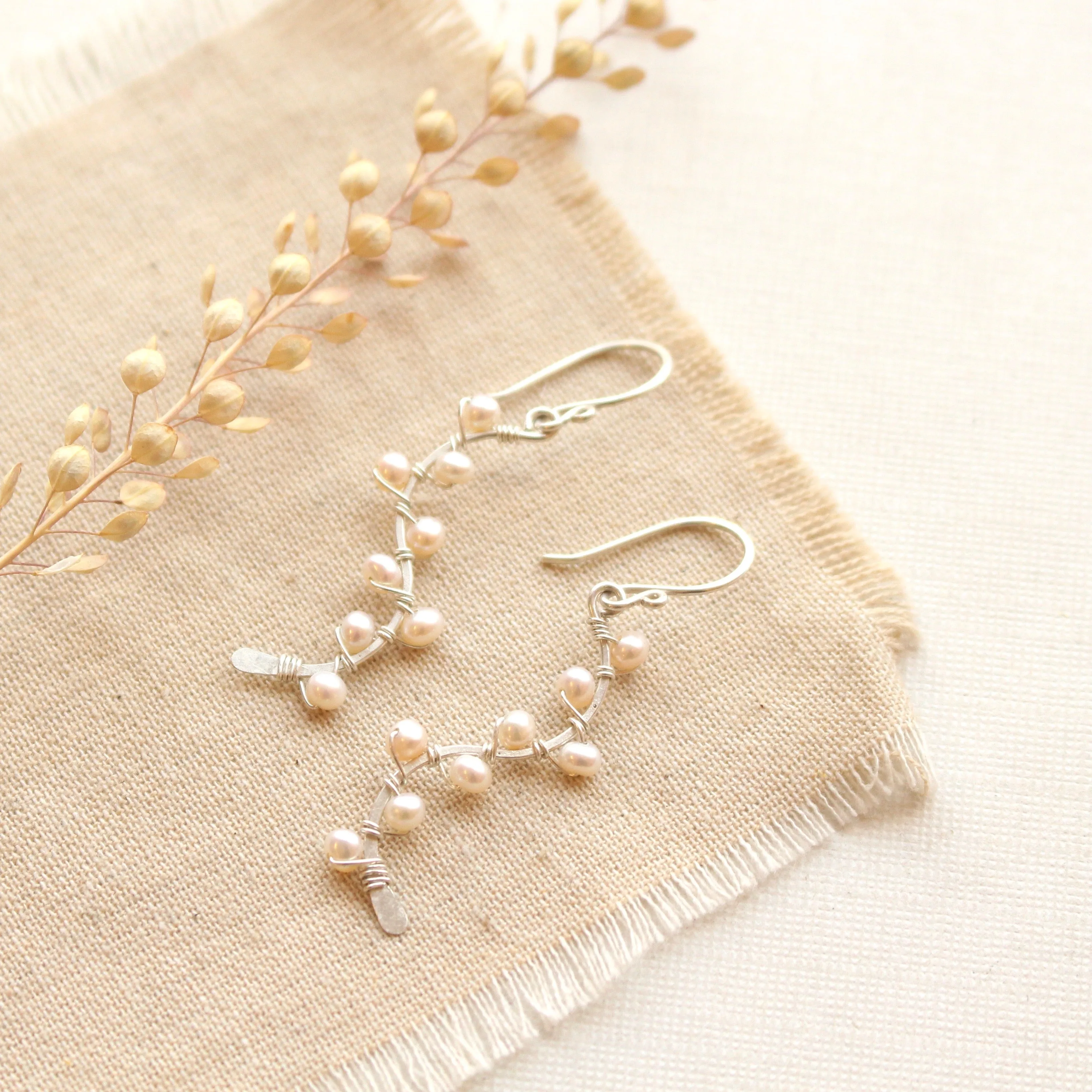 Pearl Wrapped Bright Silver Vine Earrings