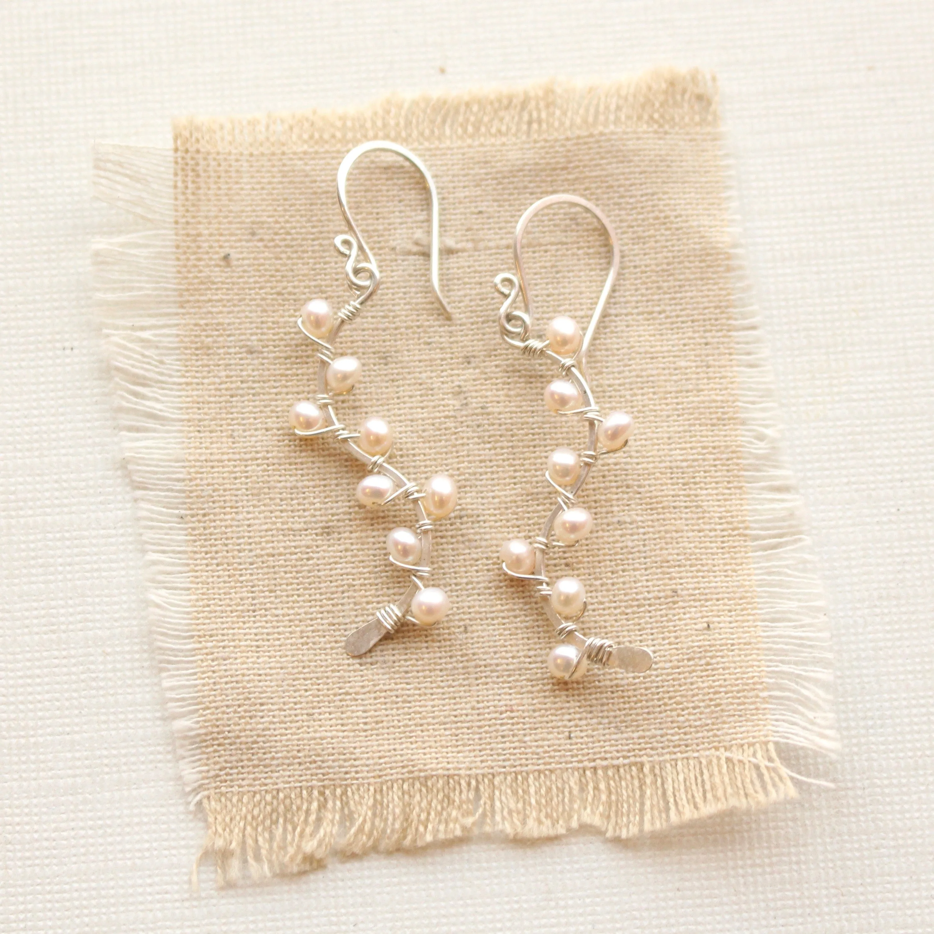 Pearl Wrapped Bright Silver Vine Earrings
