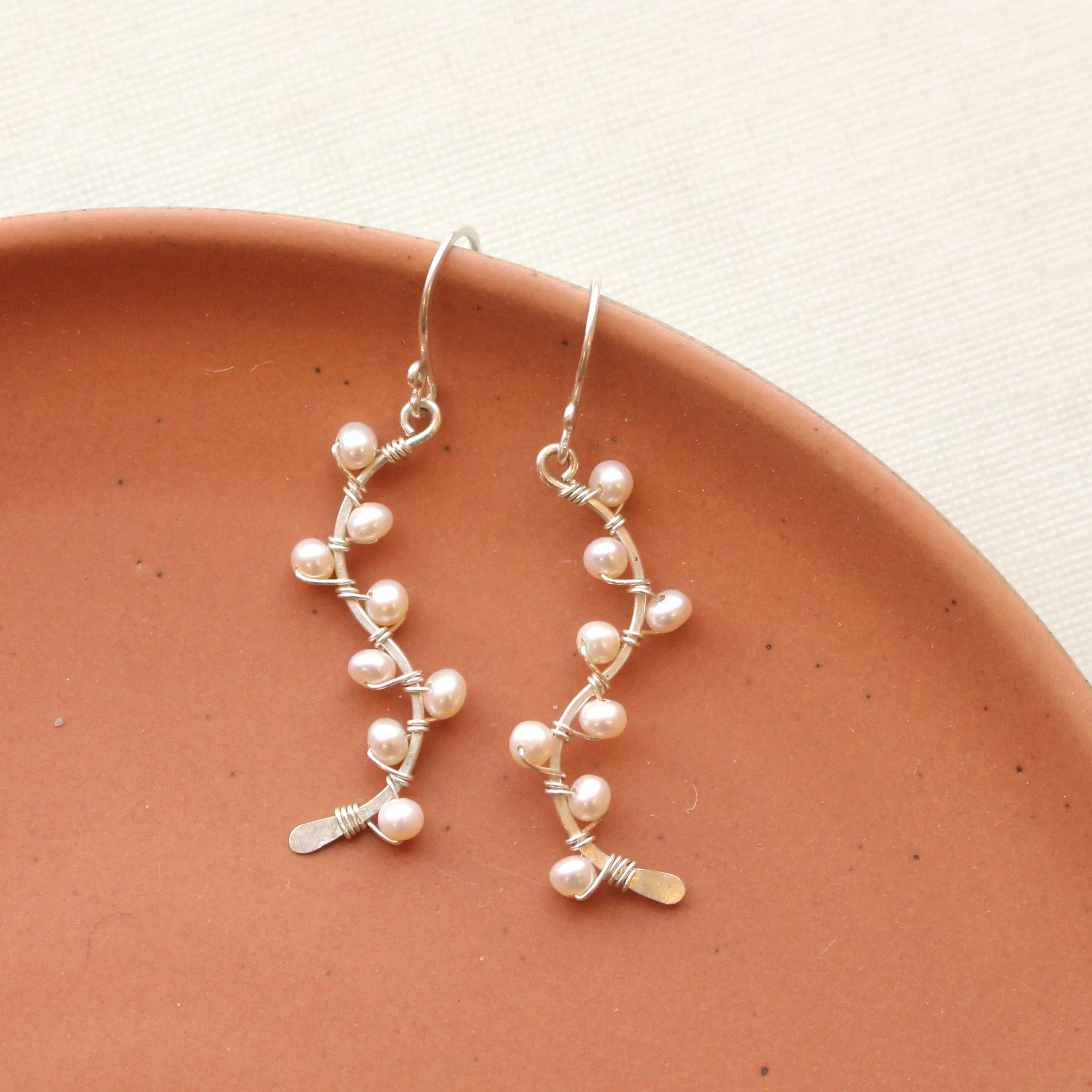 Pearl Wrapped Bright Silver Vine Earrings