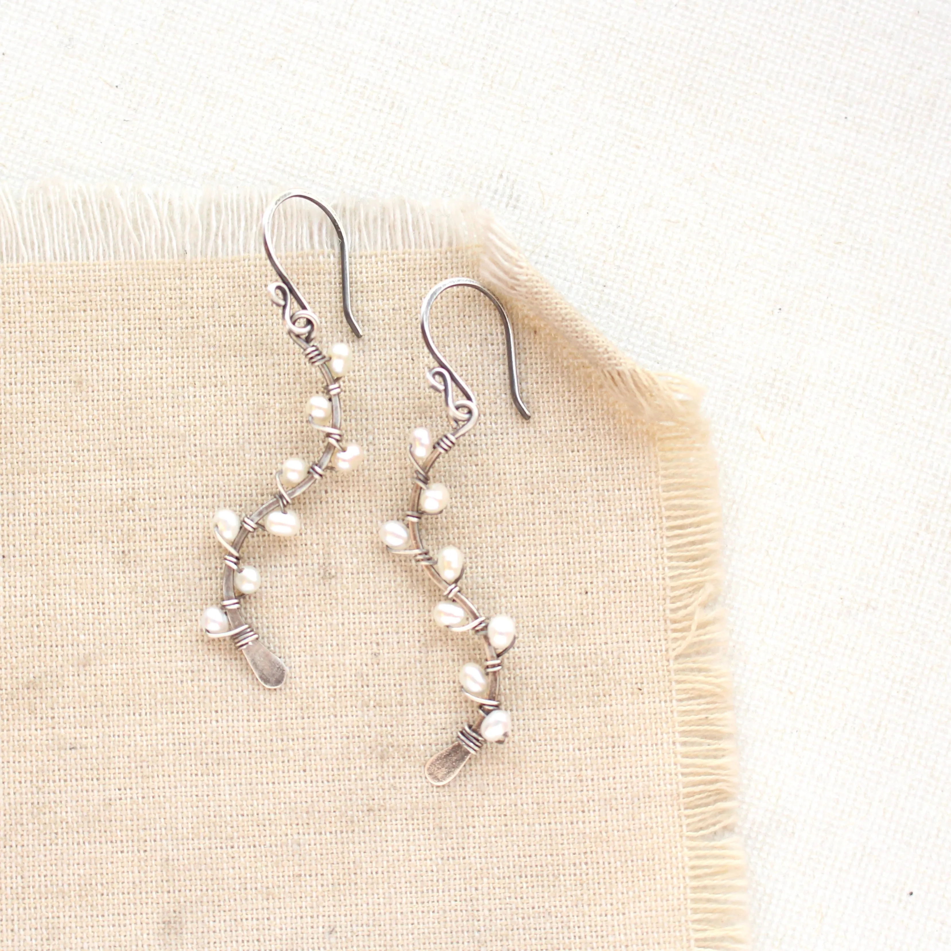 Pearl Wrapped Oxidized Silver Vine Earrings