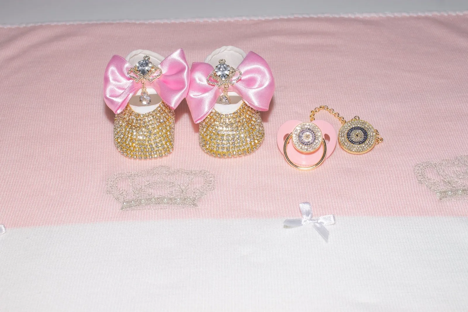 Pink Crystal Pacifier with Clip