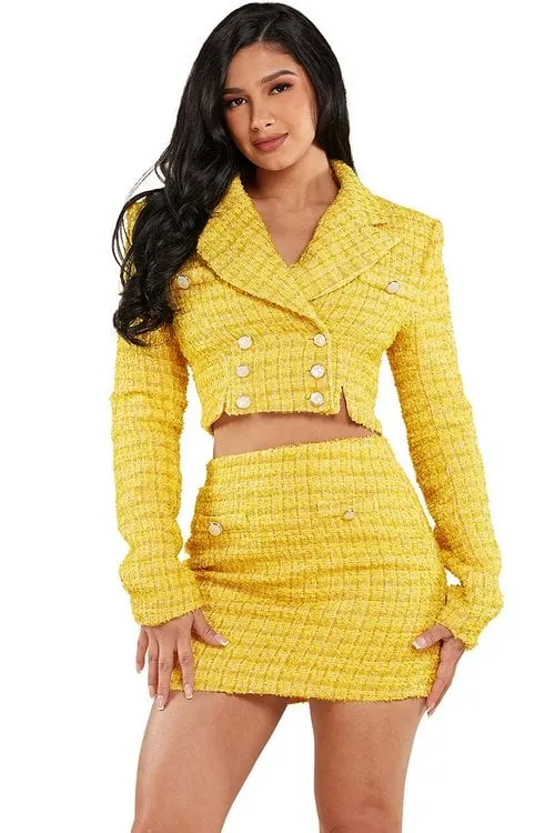 "CHANCE VIVE" YELLOW SET, CROPPED JACKET & MINI SKIRT