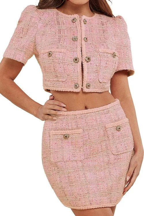 "COCO" PINK TWEED TWO PIECE SET, CROP TOP & MINI SKIRT