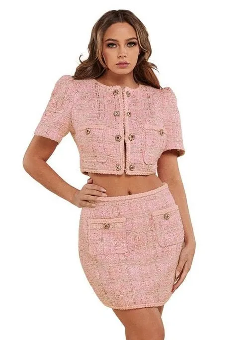 "COCO" PINK TWEED TWO PIECE SET, CROP TOP & MINI SKIRT