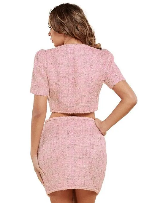 "COCO" PINK TWEED TWO PIECE SET, CROP TOP & MINI SKIRT