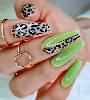"Green Glam" 24 Pcs Long Coffin Leopard Press on Nails with Glue