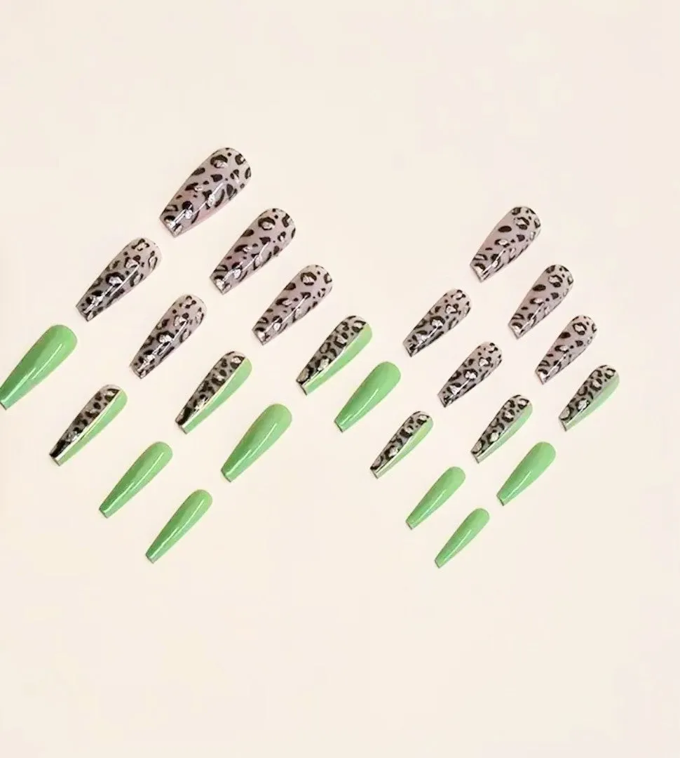 "Green Glam" 24 Pcs Long Coffin Leopard Press on Nails with Glue