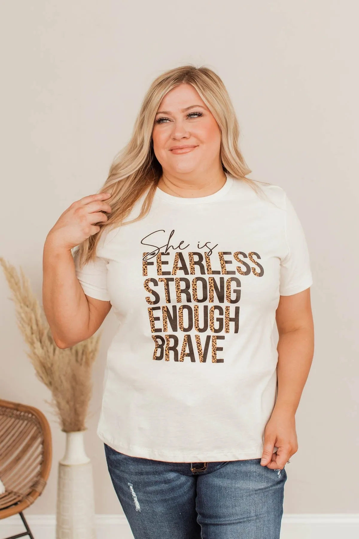 "She Is Fearless" Leopard Graphic Tee- Cream