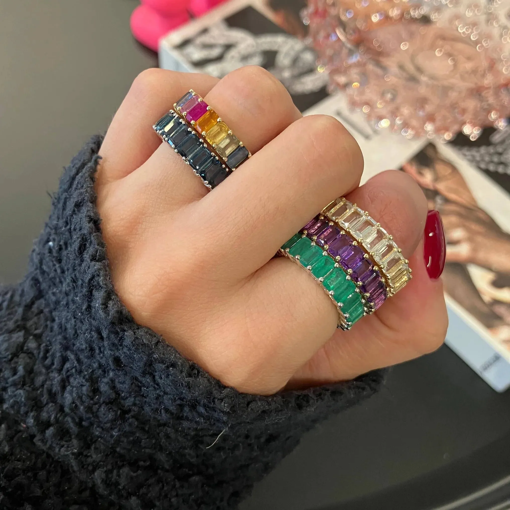 Rainbow Emerald Cut Eternity Ring