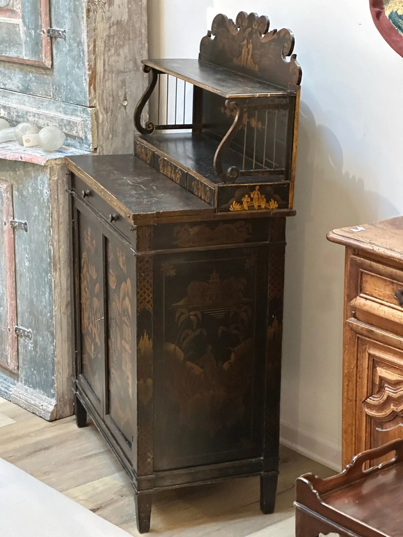 Regency Black Painted and Parcel-Gilt Chinoiserie Decorated Side Cabinet