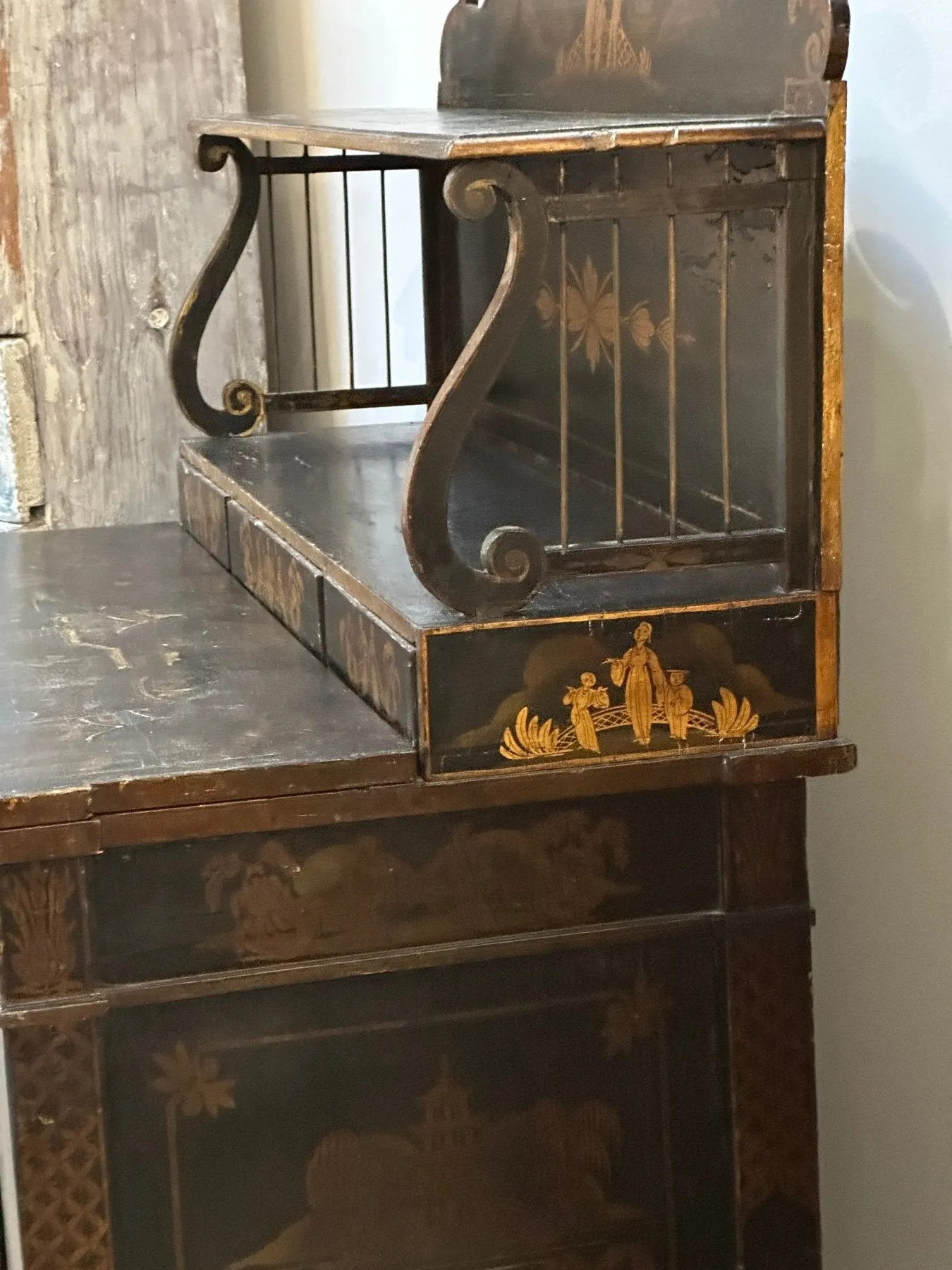 Regency Black Painted and Parcel-Gilt Chinoiserie Decorated Side Cabinet