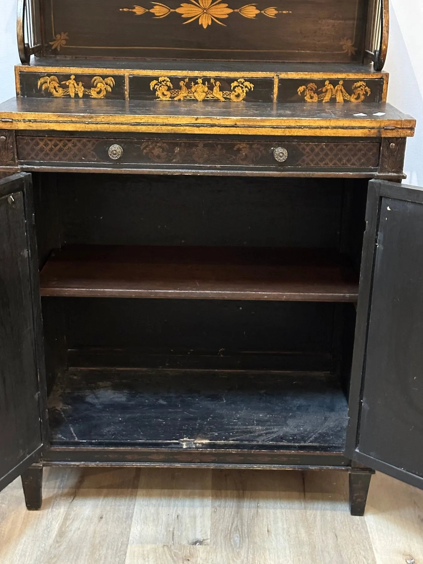 Regency Black Painted and Parcel-Gilt Chinoiserie Decorated Side Cabinet