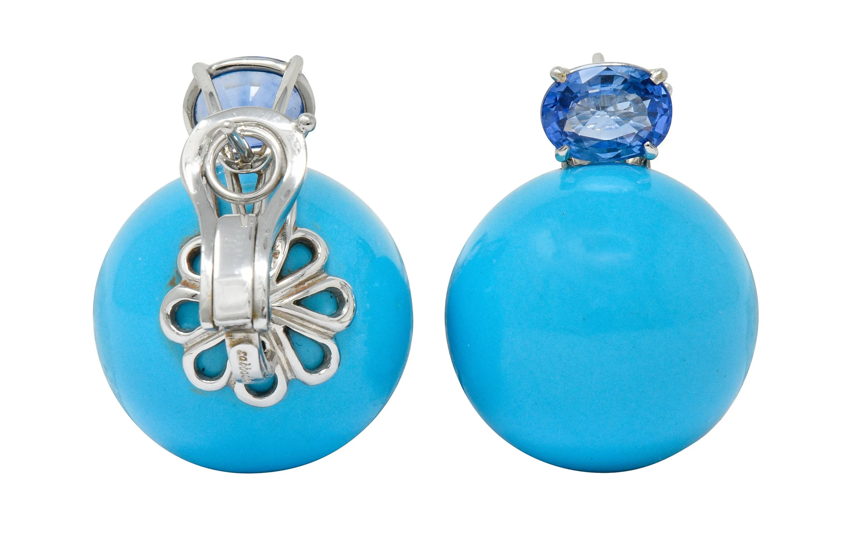 Sabbadini Vintage Turquoise Sapphire 18 Karat White Gold Ball Earrings