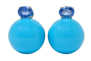 Sabbadini Vintage Turquoise Sapphire 18 Karat White Gold Ball Earrings
