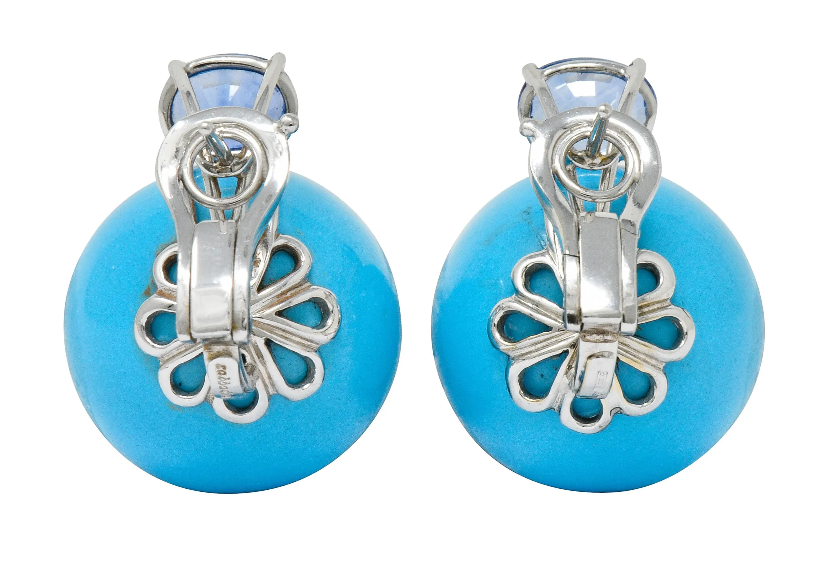 Sabbadini Vintage Turquoise Sapphire 18 Karat White Gold Ball Earrings