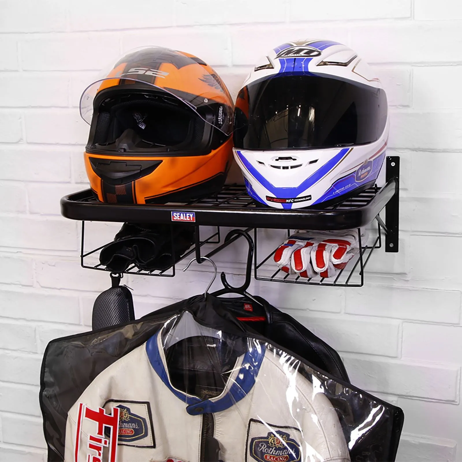 Sealey Motorcycle Helmet, Clothing and Gear Tidy Wall Mounted Shelf Rack 490mm x 350mm