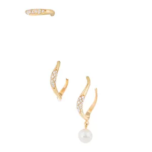SET OF THREE FEMININE WAVES PAVE HOOP EARRINGS
