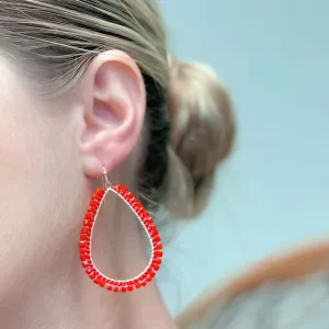 Shiny Bead Holiday Gold Teardrop Dangle Earrings - Red