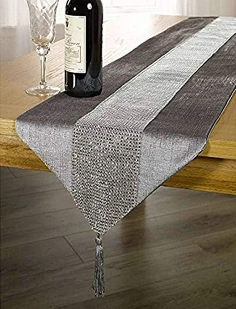 Silver Table Runner with Diamante Strip and Tassels