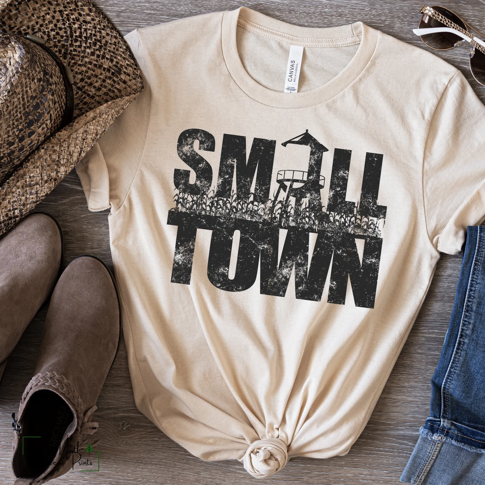 Small town graphic tee, black ink