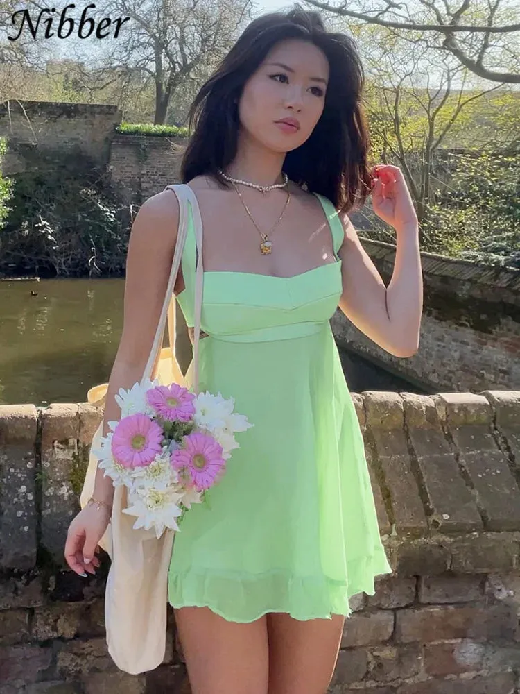 Solid Color Cutout Slim Sling Summer Dress Sexy Backless Ruffle Dress