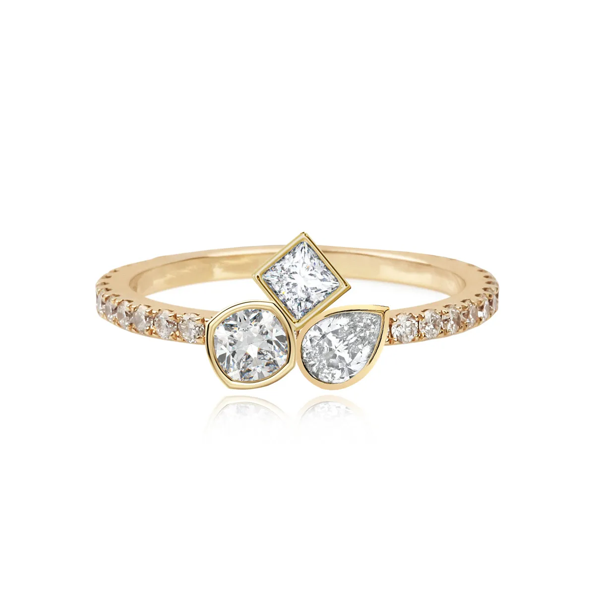 Three Solitaire Multi Shape Bezel Pave Diamond Ring