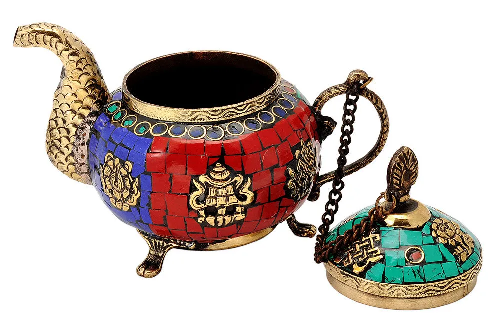 Tibetan Buddhist Kettle Decorated with Simulated Gemstones
