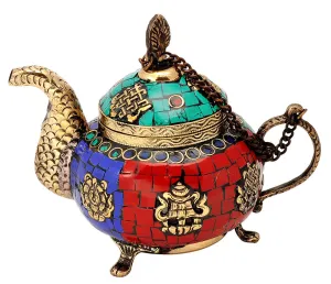Tibetan Buddhist Kettle Decorated with Simulated Gemstones