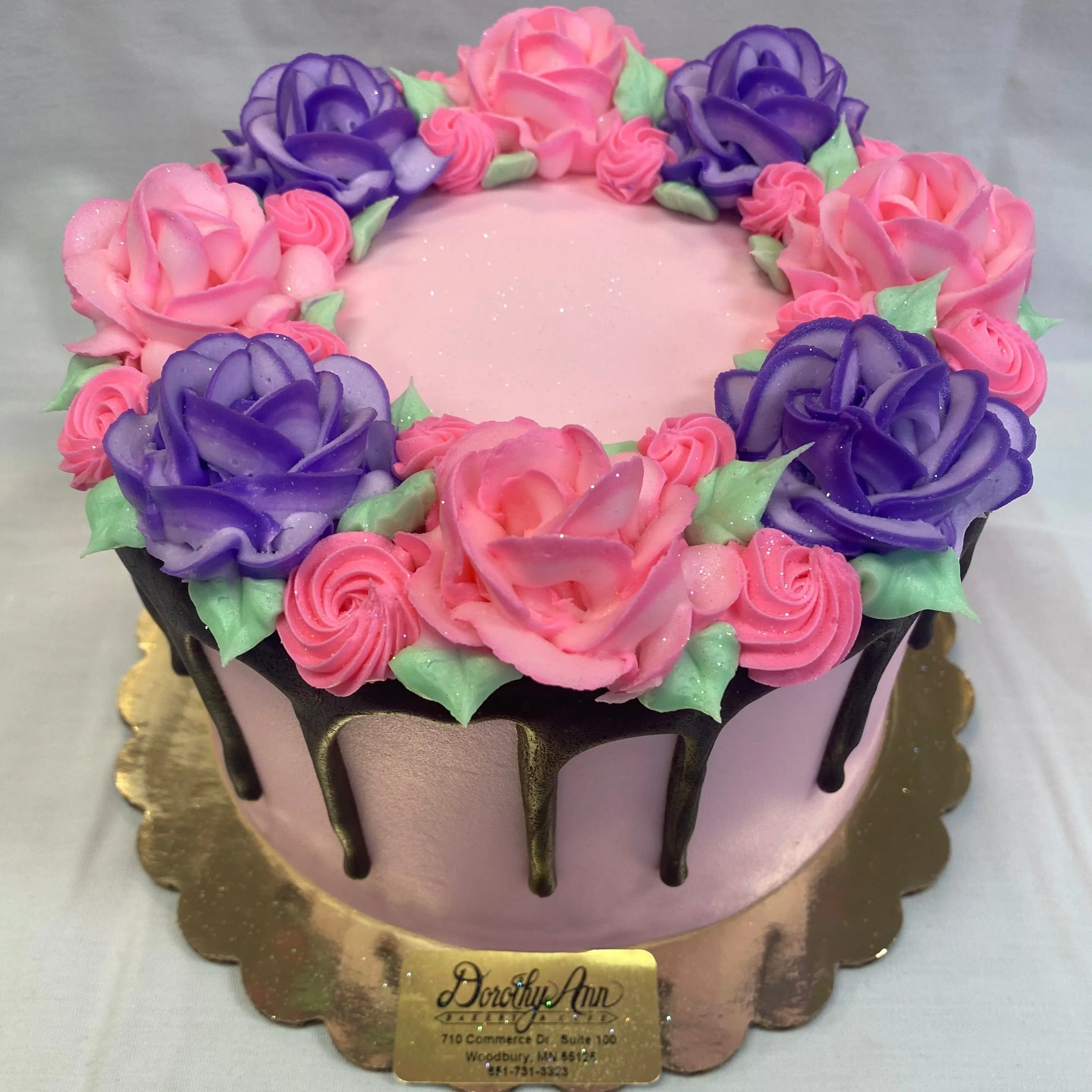 Tipped Rose Wreath with Chocolate Drip 6" Round Cake