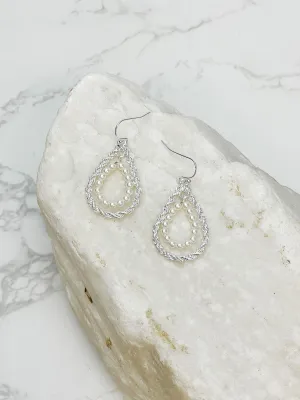 Twisted Double Teardrop Pearl Dangle Earrings - Silver
