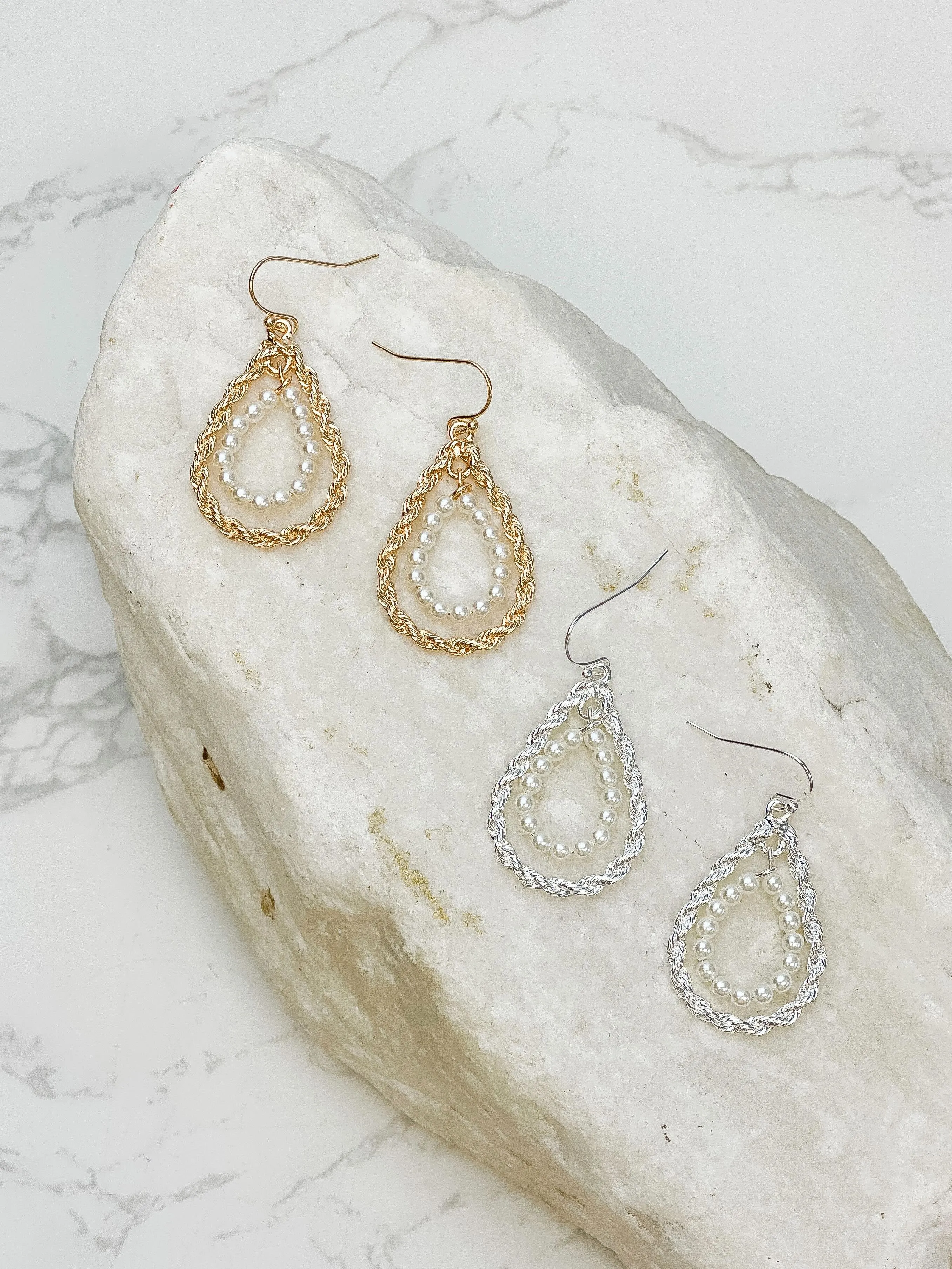 Twisted Double Teardrop Pearl Dangle Earrings - Silver