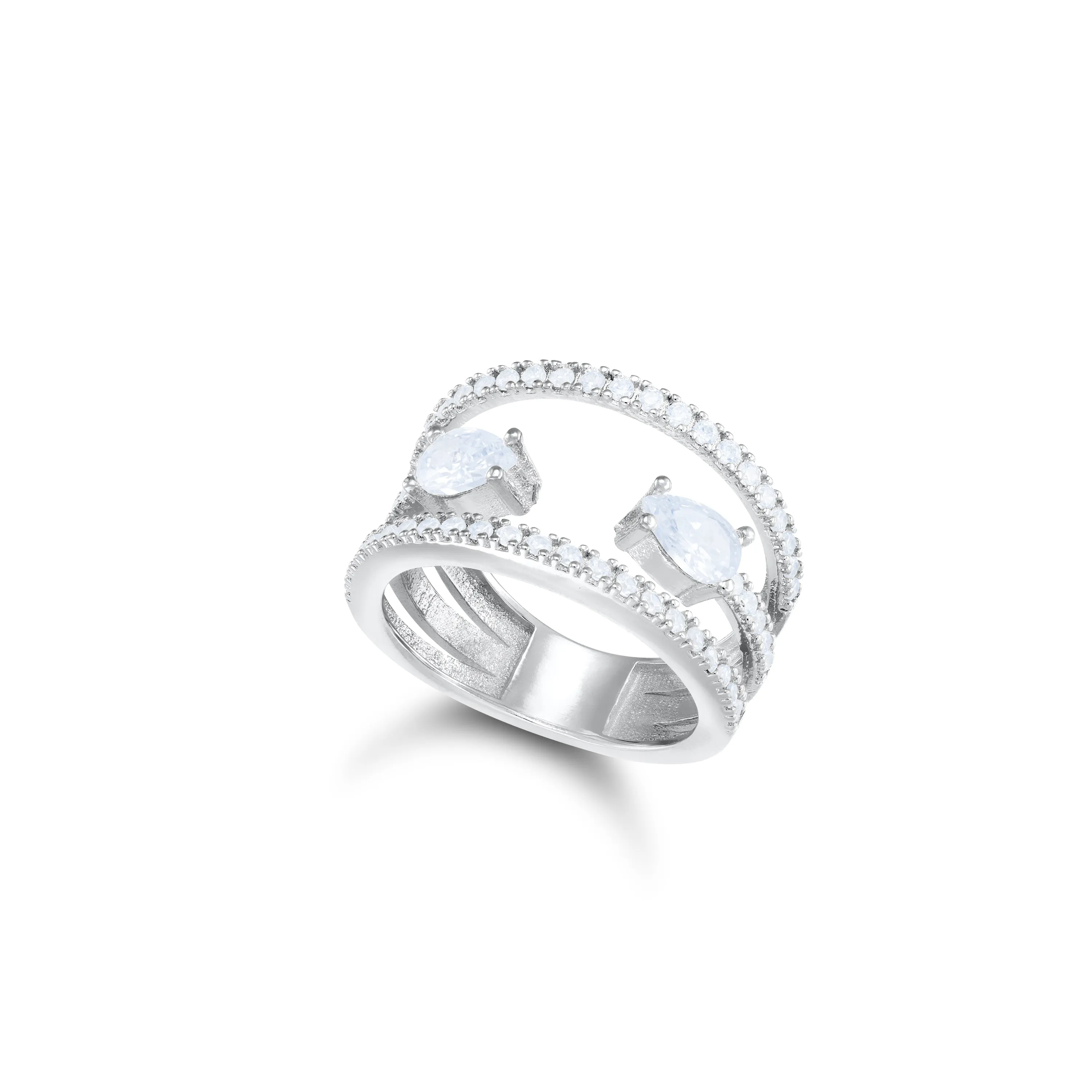Two Line With Two Open Teardrop RIng - Silver White