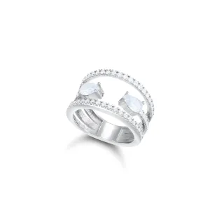 Two Line With Two Open Teardrop RIng - Silver White