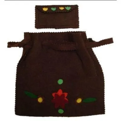 Vintage Bag Brown Wool Appliquéd Drawstring Purse 1920S