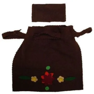 Vintage Bag Brown Wool Appliquéd Drawstring Purse 1920S