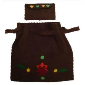Vintage Bag Brown Wool Appliquéd Drawstring Purse 1920S