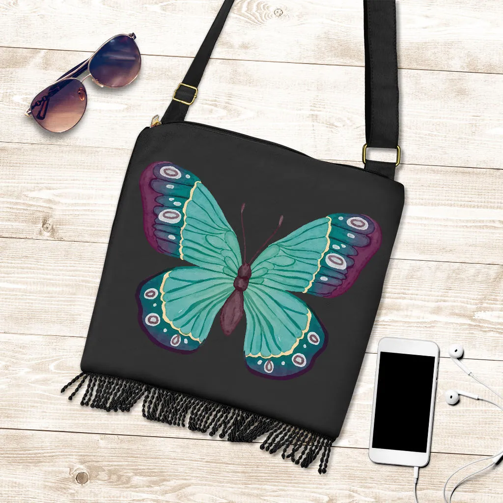 Watercolor Green and Purple Butterfly Boho Bag With Fringe